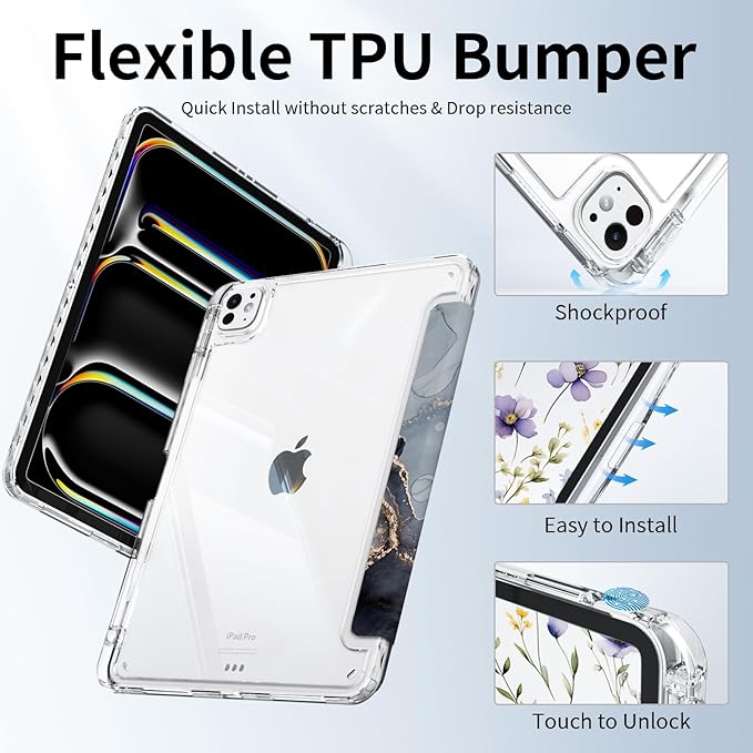 for iPad Air 13 Inch Case M4 (2026)/ M3 (2025)/ M2 (2024), Slim iPad Pro 12.9" 6th/5th/4th/3rd Generation Case, Trifold Stable Stand Clear Back Cover with Pencil Holder, Abstract Marble