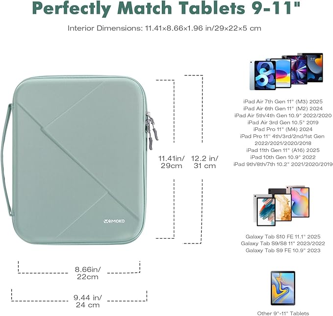 MoKo 9-11 Inch Tablet Sleeve Bag for New 11-inch iPad Air M4 2026/Pro M5, iPad A16, iPadAir 5/4/3th 10.9/10.5, iPad10/9/8th 10.9/10.2, Tab S8/S9 11,Hard EVA Bag with Padded Handle, Bodhi Green