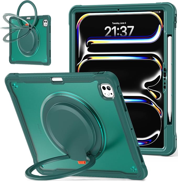 Batianda for iPad Pro 11 inch Case 2025 M5 2024 M4 Chip Lightweight Dual-Layer Protective Tablet Cover, Durable Shock-Absorbing Corners with 360° Rotating Kickstand Ring Built-in Pen Slot, Teal