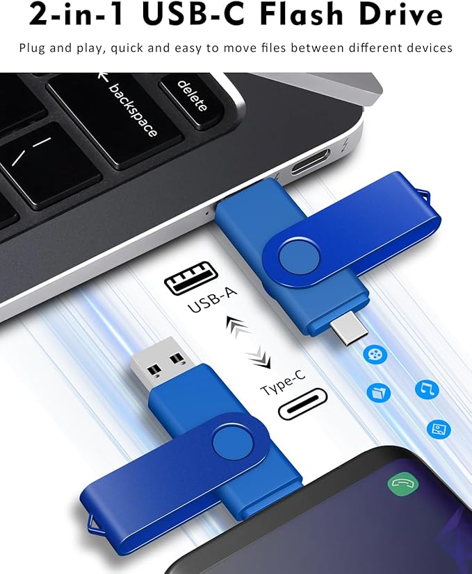 AreTop 4GB USB C Flash Drive Dual USB 2.0 Flash Drive 4GB USB Drive Swivel Design 2-in-1 Portable Type-C Memory Stick for Android Smartphone, Computers, MacBook, Tablets, PC, 1 Pack (Blue)