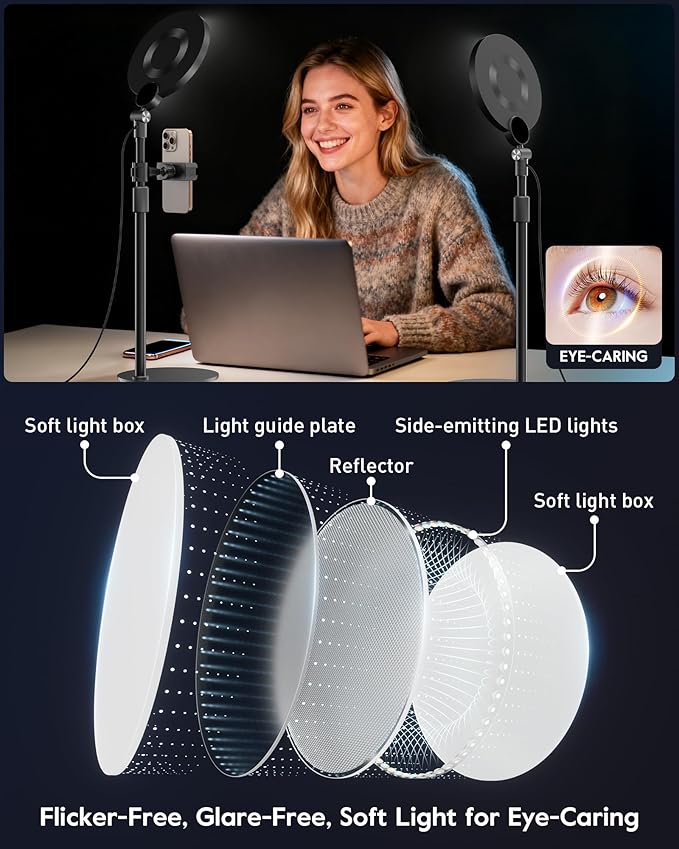 2 Packs Desk Ring Light with Stand, Adjustable Desktop Light with Phone Holder for Video Calls, Zoom Lighting for Computer/Laptop/Conference/Webcam, Video Light for Recording, Podcast,Photography
