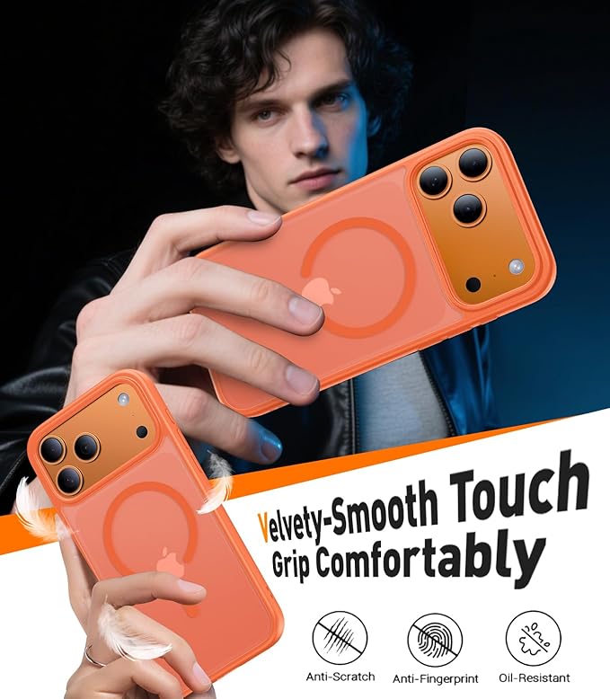 Magnetic for iPhone 17 Pro Max Case,[Anti-Slip][Compatible with MagSafe][Military Grade Drop Protection] Shockproof Protective Translucent Matte Phone Case for iPhone 17 Pro Max Case,Orange