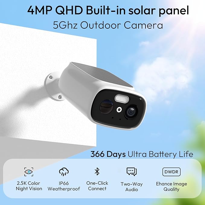 2pcs 2.4G/5G WiFi Cameras for Home Security with Embedded Solar Panel,2.5K Solar Security Cameras Wireless Outdoor with Color Night Vision,2-Way Talk,Siren,IP66, Cloud/SD, AI Detection,W/Alexa