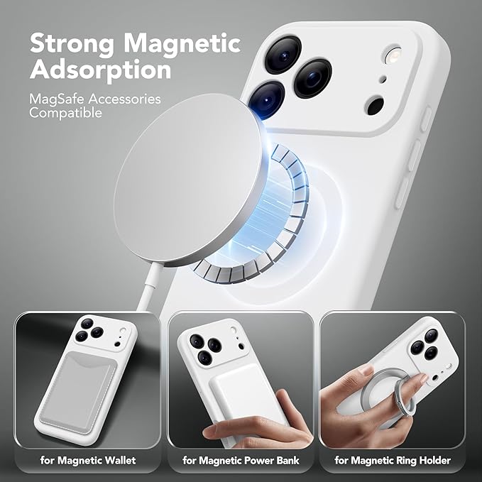 Magnetic for iPhone 17 Pro Case, Compatible with MagSafe, [Full Camera Protection][Screen Protector] Silicone Shockproof Protective Phone Case for iPhone 17 Pro 6.3", White
