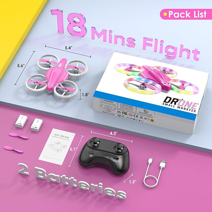Drone for Kids with LED Light | Lisoco Indoor RC Drone with 360 Flip | 2 Batteries | Easy to Fly Mini Drone for Girls Boys Beginners | Flying Toy Gift (Pink)