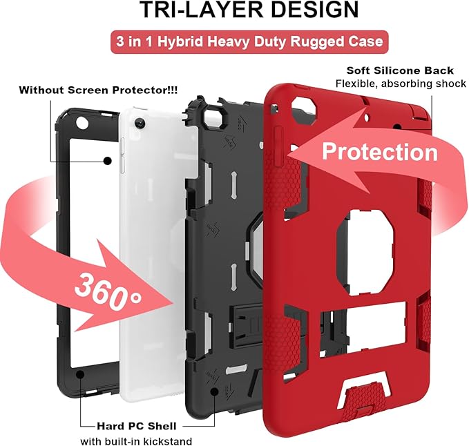 CCMAO iPad mini 5 Case 2019, iPad mini 4 Case 2015, Heavy Duty Shockproof Hybrid Protective Cover for iPad mini 5th/4th Generation 7.9 inch, for Kids Boys Child, Red+Black