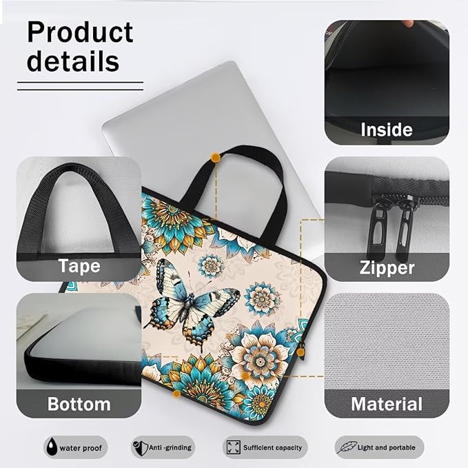 Bohemia Butterfly 15 Inch Laptop Sleeve, Laptop Cover Computer Bag Tablet Carrying Case with Handle Tote Bags Notebook Handbag Messenger Briefcase for Travel/Business/School/Work