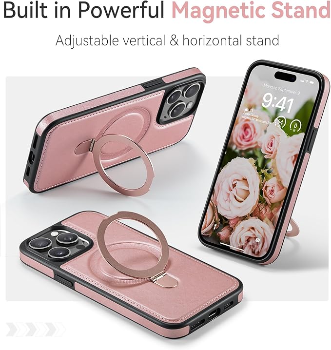 Compatible with iPhone 15 Pro Max Case with Stand, Compatible with MagSafe, Slim PU Leather & Durable TPU Protective Cover Drop-Proof with Tempered Glass Screen Protector 6.7", Rose Gold