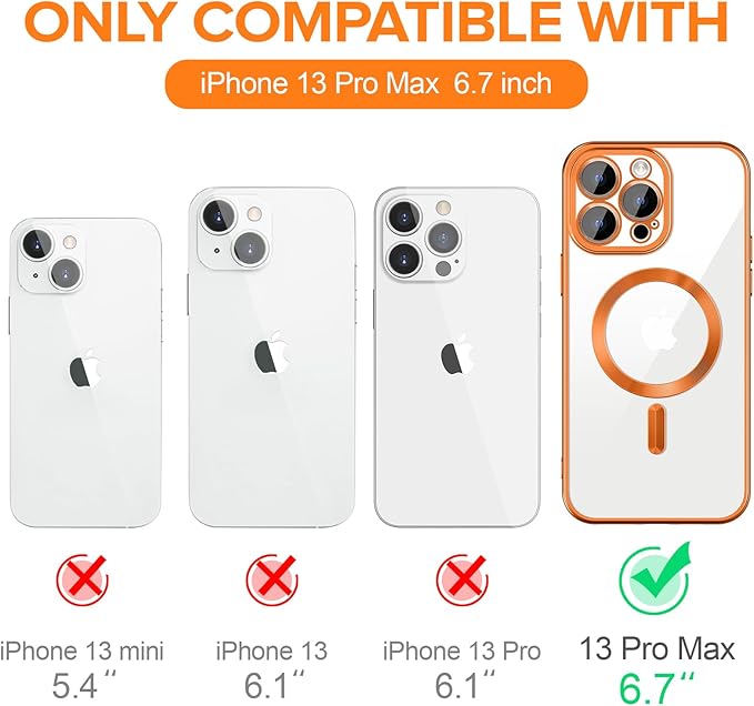Hython Magnetic Clear for iPhone 13 Pro Max Case with Camera Lens Protector [Compatible with MagSafe] Plating Edge Slim Soft TPU Cover Protective Phone Case for iPhone 13 Pro Max 6.7", Matte Orange