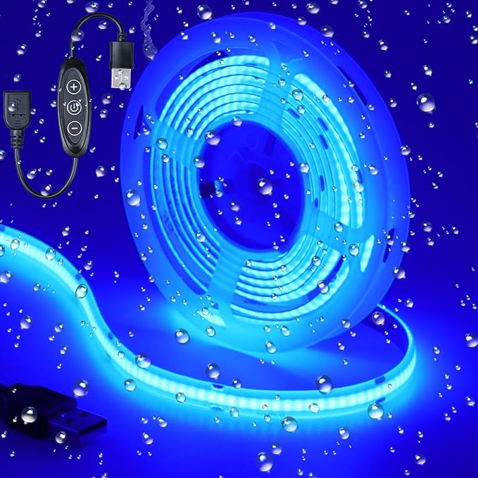 DC 5V USB COB Blue LED Strip Light Dimmable IP65 Waterproof USB Powered 6.6ft/2M 640LEDs with Dimmer High Brightness Flexible LED Tape Lights