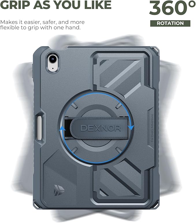 Dexnor Case for iPad (A16) 11th/10th Generation 2025/2022 (11″/10.9″),Rugged Protective Case with 360° Rotating Hand Strap& Stand & Screen Protector & Pencil Holder Shockproof Full-Body Cover, Blue