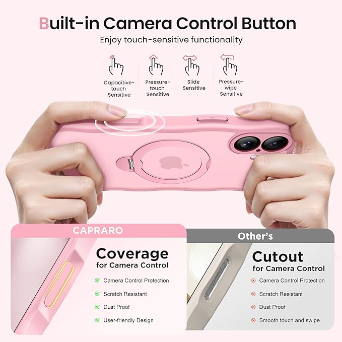 CAPRARO for iPhone 16 Plus Case with 360° Spin Magnetic Stand for Women, [Compatible with MagSafe] [Full Camera Protection] Cute Wave Translucent Matte Case for iPhone 16 Plus, Peach Pink