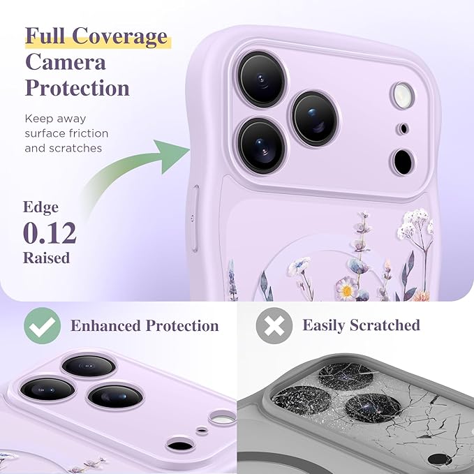 GVIEWIN for iPhone 17 Pro Case Compatible with MagSafe [Curly Wave Edge][Full Camera Protection] Floral Translucent Shockproof Magnetic Women Phone Case for iPhone 17 Pro 6.3'', Floratopia/Purple