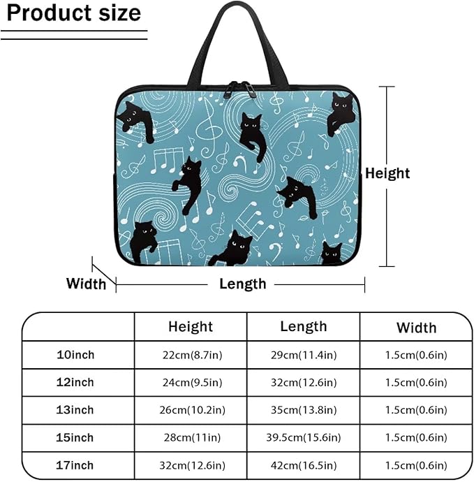 12 Inch Laptop Sleeve, Music Note Black Cats Laptop Cover Computer Bag Tablet Carrying Case with Handle, Durable Tote Bags Notebook Case Handbag Briefcase Shoulder Bag for Business/School