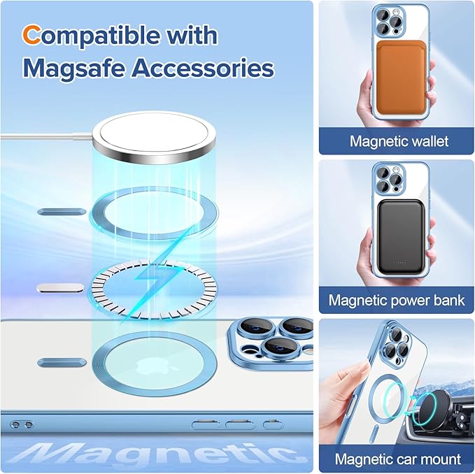 Hython Magnetic Clear for iPhone 16 Pro Case with Camera Lens Protector [Compatible with MagSafe] Luxury Plating Edge Slim Soft TPU Cover Protective Phone Case for iPhone 16 Pro, Matte Light Blue