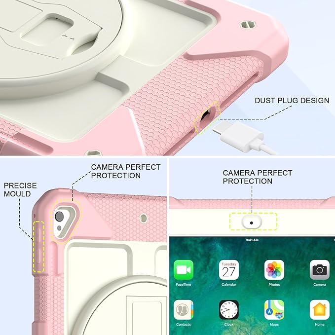 BMOUO Case for iPad 6th/5th Generation Case (9.7 inch, 2018/2017), 360°Rotating Stand, Hand/Shoulder Strap Shockproof iPad 9.7” Case for iPad Air 2, Pink