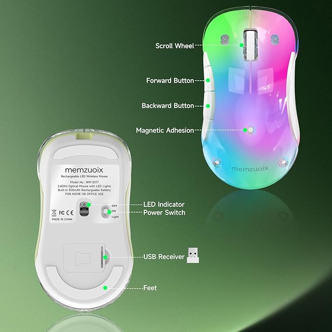 memzuoix 2.4G Wireless Mouse with Customizable Cover & 9-Color LED - Rechargeable Ergonomic, 1400 DPI, 5 Buttons, USB Receiver for PC/Mac - Green