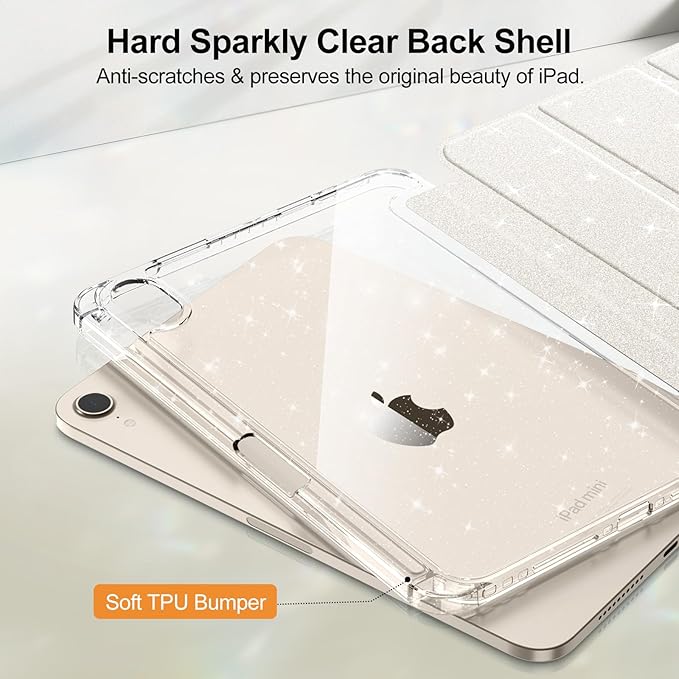 Fintie Slim Case for iPad Mini 7 (A17 Pro, 7th Generation) 2024 / iPad Mini 6 (6th Gen) 8.3 Inch - [Built-in Pencil Holder] Glittering Sparkly Shockproof Cover w/Shiny Clear Back Shell, Starlight