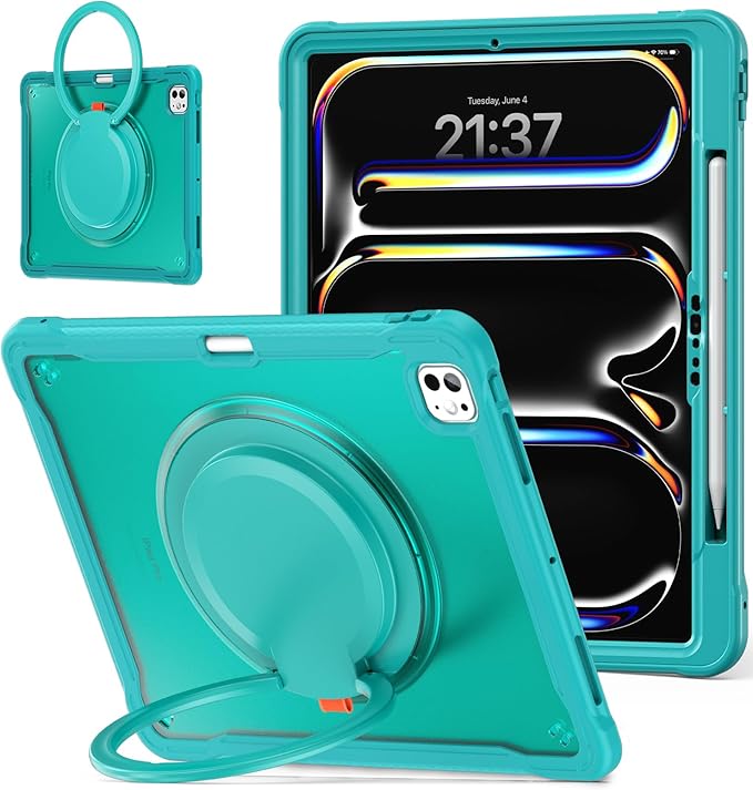 Batianda for iPad Pro 13 inch Case 2025 M5 2024 M4 Chip Lightweight Dual-Layer Protective Tablet Cover, Durable Shock-Absorbing Corners with 360° Rotating Kickstand Ring Built-in Pen Slot, Blue