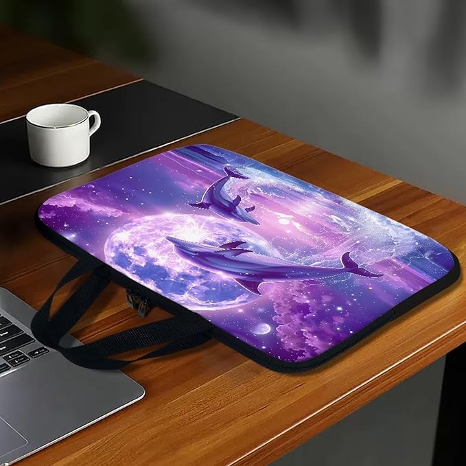 Purple Dolphin Full Moon Laptop Case 12 Inch, Waterproof Laptop Sleeve for Women Men, Portable Laptop Cover Computer Carrying Bag Cases with Handle, Fits Tablet/Notebook/Reader