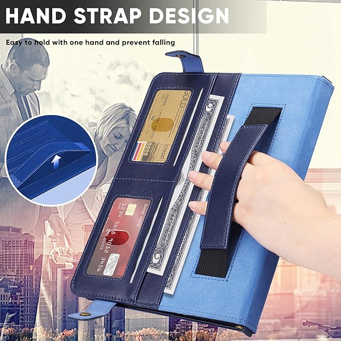 Handbag Case for iPad (A16) 11" 2025 & iPad 10th Gen 10.9", Techcircle Folio Stand PU Leather Multi-Card Slots Envelope Pocket Wallet Cover with Hand Strap+Shoulder Strap+Pen Holder, Navy