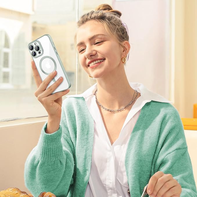 Hython Magnetic Clear for iPhone 13 Pro Case with Camera Lens Protector [Compatible with MagSafe] Luxury Plating Edge Slim Soft TPU Cover Protective Phone Case for iPhone 13 Pro 6.1", Matte Mint