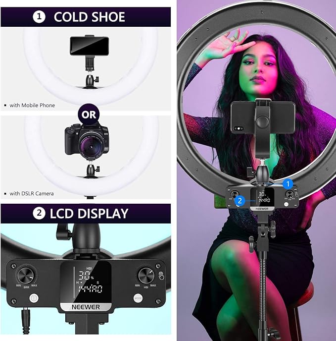 Neewer 18-inch RGB Ring Light with APP Control, Dimmable Bi-Color 3200K-5600K CRI 97+ LED Ring Light with Stand, 0-360 Full Color, 9 Scenes Effect for Selfie/Makeup/Party/Vlog/YouTube/Photography