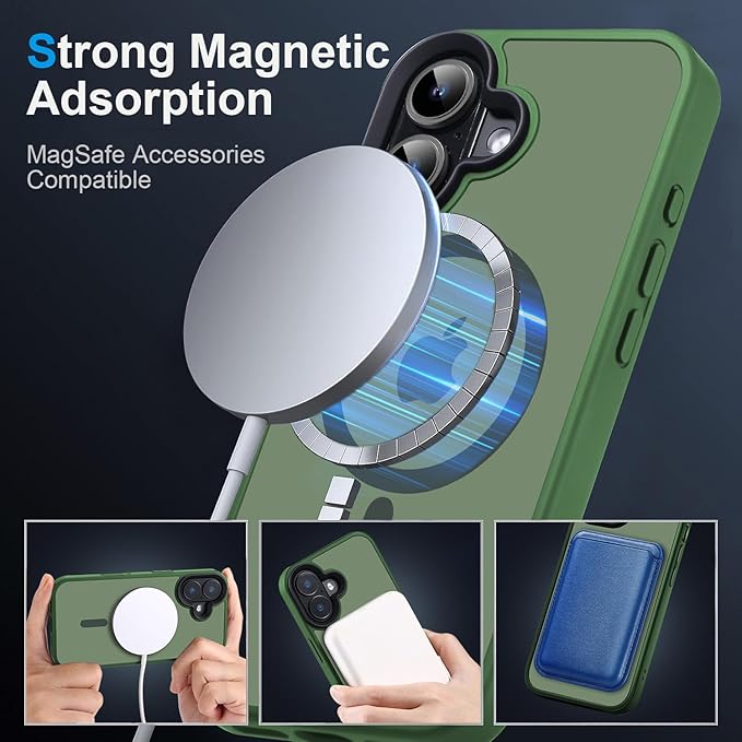 Powerful Magnetic Case for iPhone 16 Case [5X-Grade Drop Tested & Compatible with MagSafe] Translucent Anti-Fingerprint Shockproof Protective Cover 6.1 Inch, Alpine Green