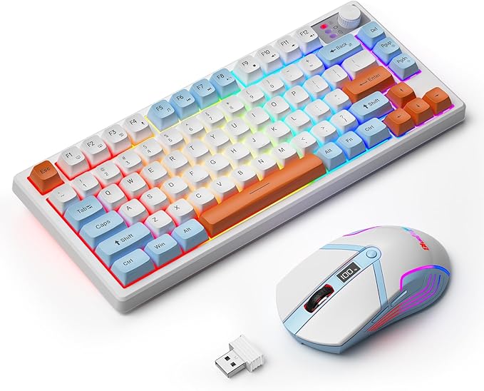 BlueFinger 75% Wireless Gaming Keyboard and Mouse with Smart Display, Rechargeable Light Up Wireless Keyboard with Knob Control, RGB Backlit Gaming Mouse for Mac Laptop Computer PC Gamer