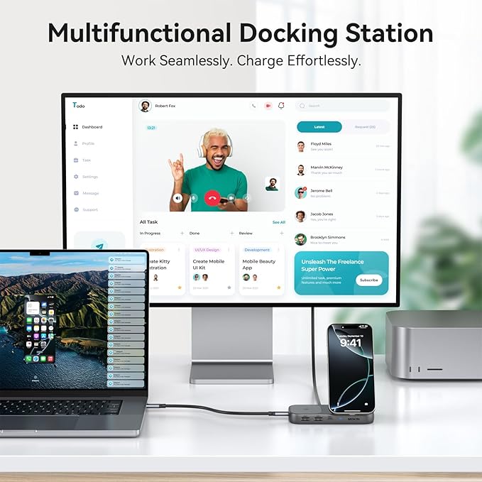 MOKiN USB C Hub 15W Wireless Charger, Qi2 Certified Magsafe Charging Stand with 4K@60Hz HDMI, 100W PD, 10Gbps USB C/A, and 5W Charging Pad, Laptop Docking Station for MacBook/Windows