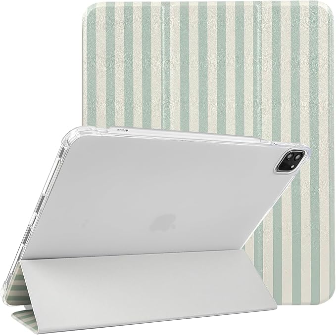 Lovmooful Compatible for iPad Pro 12.9-Inch 2022/2021/2020/2018 (6th/5th/4th/3rd Generation) Case with Pencil Holder Cute Striped with Aesthetic Design Soft TPU Trifold Stand Protective-Green