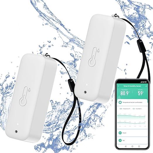 Smart Hygrometer Thermometer: Waterproof Humidity and Temperature Sensor Gauge with App Alert Notification, Indoor and Outdoor Self Magnet WiFi Temperature Sensor, Compatible with Alexa (2 Pack)
