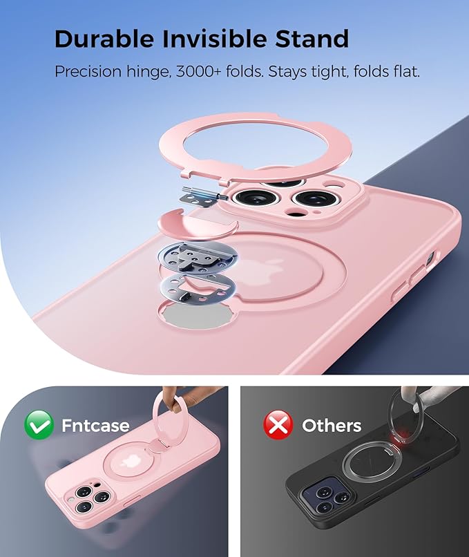 FNTCASE for iPhone 14 Pro Case: [360 Spin Magnetic Stand] [Compatible with Magsafe] [Screen Protector] Translucent Matte Military Grade Shockproof Full Camera Protective Phone Cover - Pink