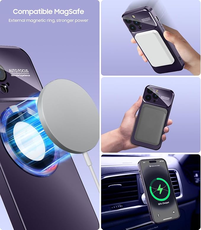 MAKAVO Magnetic for iPhone 12 Pro Max Case, Compatible with MagSafe, Built-in Camera Lens Protector, Logo View, Military Grade Drop Proof Phone Case Cover, Purple
