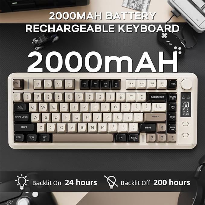 FREEWOLF M75 Wireless Gaming Keyboard Mechanical Feel Membrane with Knob & OLED Display Bluetooth/2.4Ghz Rainbow Backlit Gradient PBT Keycaps 2000mAH Battery Anti-Ghosting-Cheese