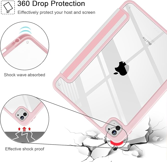May Chen for iPad Pro 13 Inch Case M5 2025 / M4 2024, Built Pencil Holder & Clear Transparent Print Back Shell Slim Stand Shockproof Tablet Cover, Auto Wake/Sleep, Pink Stripes
