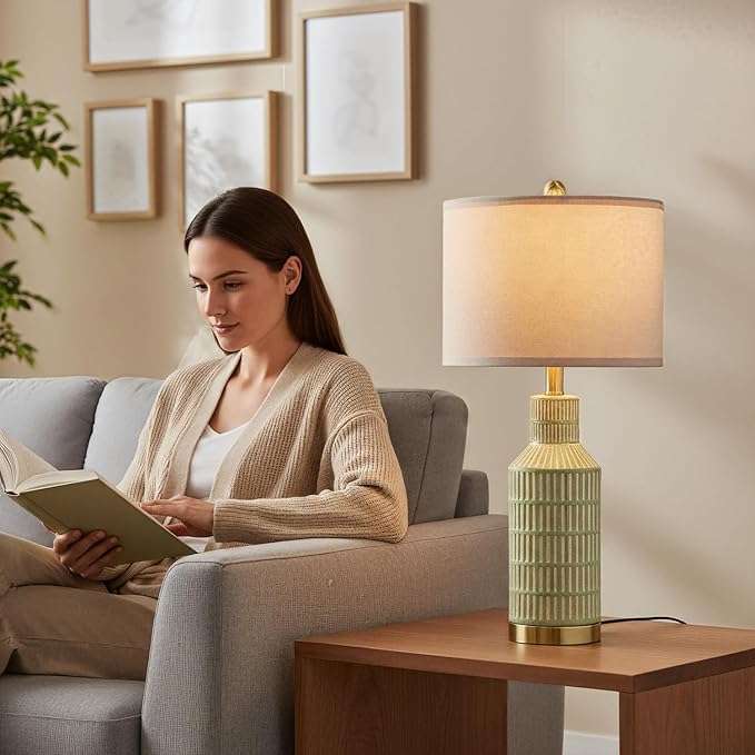 USumkky 25" Green Ceramic Table Lamp - Modern Bedside Nightstand Lamp, Easy Assembly Twist Knob Switch for Bedroom Living Room Home Office Decor (Bulb Not Included)