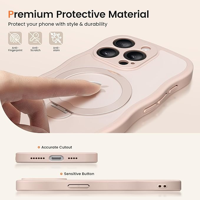 CAPRARO for iPhone 13 Pro Max Case with 360° Spin Magnetic Stand for Women, [Compatible with MagSafe] [Full Camera Protection] Cute Wave Translucent Matte Case for iPhone 13 Pro Max, Rose Gold