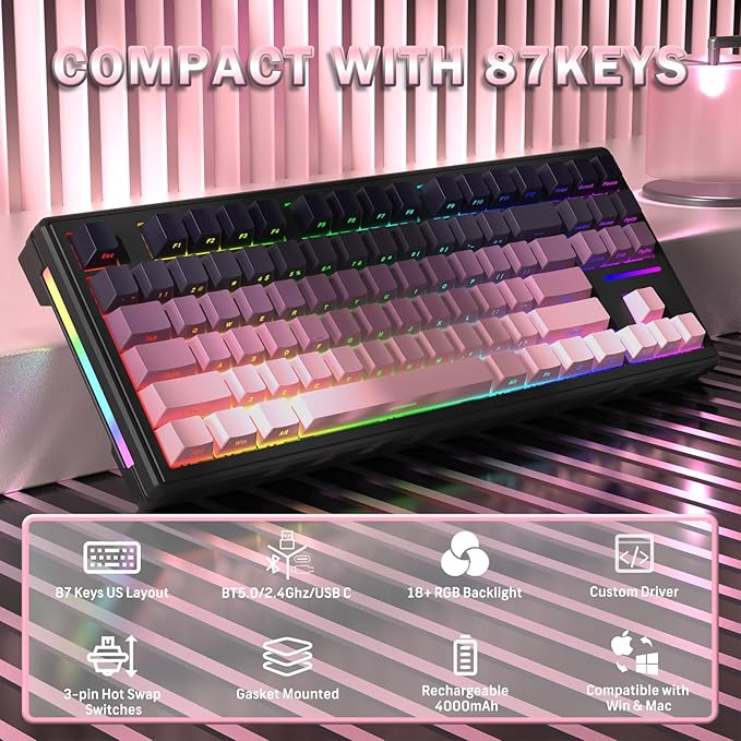 FELICON Attack Shark M87 80% Wireless Mechanical Gaming Keyboard, Tri-Mode (Bluetooth/2.4GHz/USB-C), RGB Backlit, Hot-Swappable PBT Keycaps – Pink