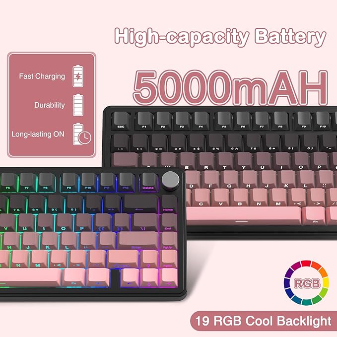 ATTACK SHARK X85 Wireless Mechanical Gaming Keyboard with Knob,Hot Swap,BT/2.4GHz/USB-C,Side Print PBT Keycaps,Gasket,RGB,Coiled Cable,Linear White Jade Switch for Win/PC/MAC