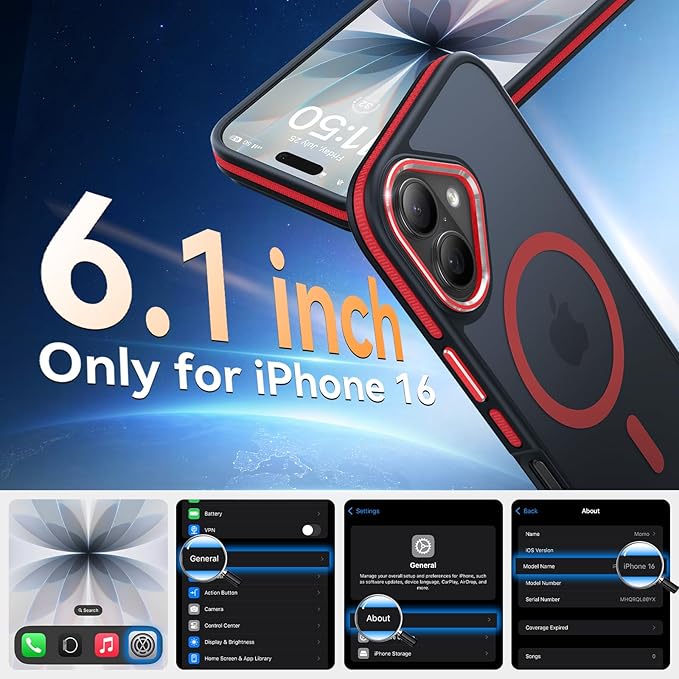 DOMAVER Magnetic 3 in 1 for iPhone 16 Case, [Omni-Directional Protection] with 1x Screen Protector + 1x Camera Cover, [Seamless Work with Magsafe] Protective Silm Case for iPhone 16 Red
