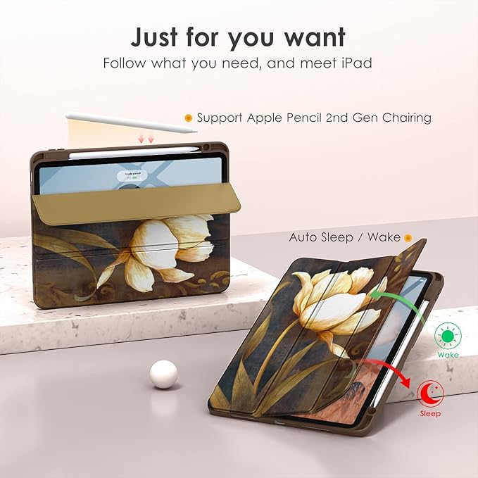 VIKESI for iPad Pro 11 Inch 4th/3rd/2nd/1st Generation Case, iPad Air 11-inch / 5th / 4th Generation Case with Clear Back,Pencil Holder,Auto Sleep/Wake,Camera Protection,Tulip