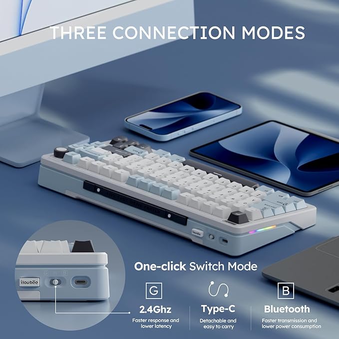 iLovBee B75 Wireless Mechanical Keyboard, Creamy 75% Percent RGB Gaming Keyboard with Knob, Bluetooth/2.4GHz/USB Wired Hot Swappable Keyboards, Gasket Mounted PBT Keycaps, Pre-Lubed Linear Switches