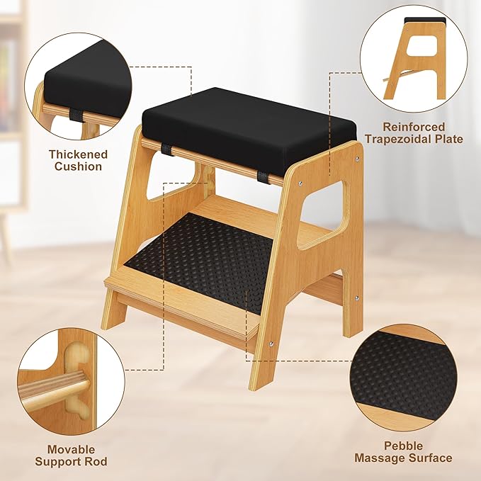 Adjustable Wooden Foot Rest, Double Step Footstool with 3 Height Levels, Cushioned Top & Non-Slip Base, Ergonomic Under Desk Leg Rest for Office Home
