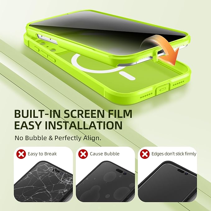 BERFY for iPhone 17 Pro Case, Compatible with MagSafe, Built-in Privacy Screen Protector, Camera Protection, Shockproof Full Body Phone Case 6.3", Translucent Bright Green