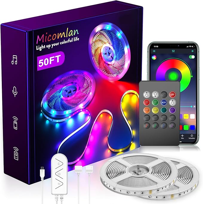 Micomlan 50ft/15M Led Strip Lights, Music Sync Color Changing RGB LED Strip Lights Built-in Mic, Bluetooth app Controlled Rope Lighting for Home Decoration Living Room Kitchen