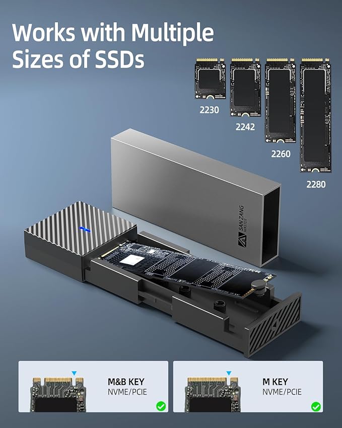 SAN ZANG MASTER M.2 NVMe SSD Enclosure With 10Gbps Transmission, USB 3.2 Adapter for 2230 2242 2260 2280 PCIe NVMe M-Key & M+B Key (Tool-Less, Type C to C)