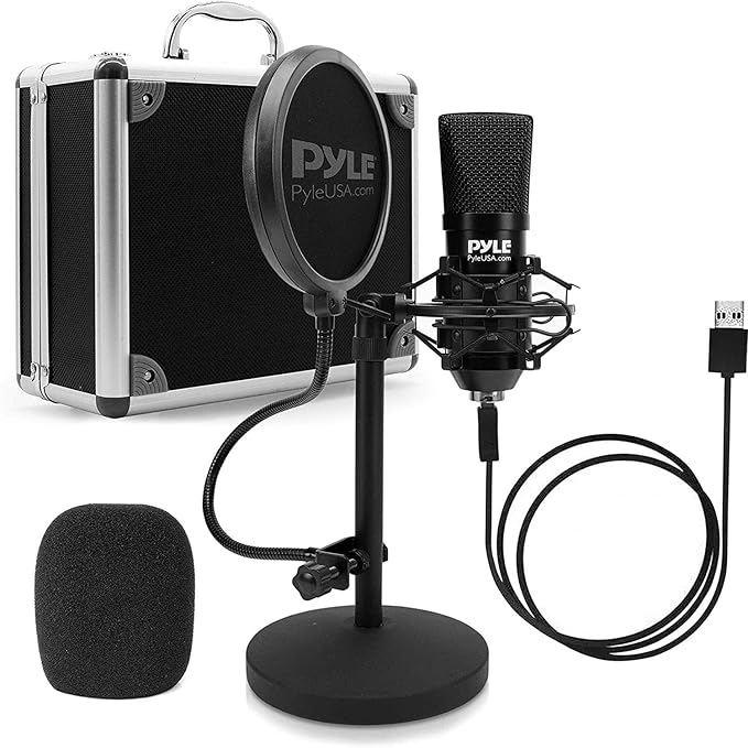USB Microphone Podcast Recording Kit - Audio Cardioid Condenser Mic w/Desktop Stand and Pop Filter - for Gaming PS4, Streaming, Podcasting, Studio, YouTube, Works w/Windows Mac PC - Pyle PDMIKT120