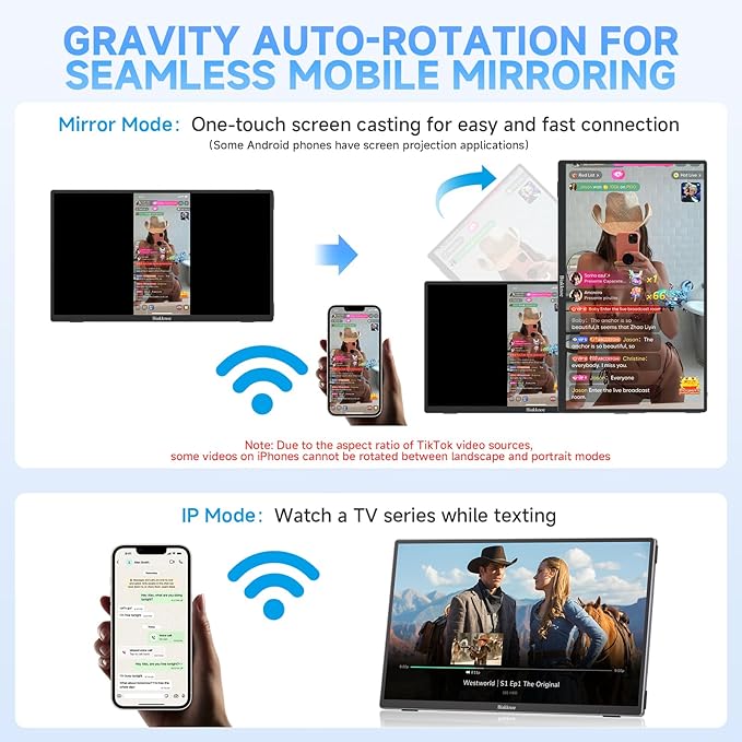 Wireless Portable Monitor with Power Bank, Supports AirPlay/Miracast, 15.6" 1080P Portable Screen Extender, Wireless Casting&Auto-Rotation, Dual Monitor for Laptop/Mac/Switch/Phone/PC