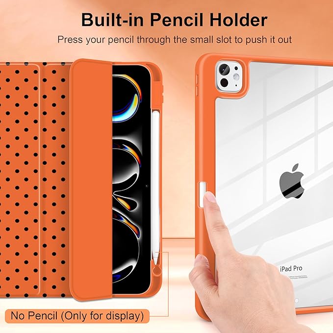 Case for iPad Pro 11 Inch (M5 2025 M4 2024) – [Built-in Pencil Holder], Shockproof & Stylish, Clear Hard Back + Soft TPU Edge, Magnetic Trifold Stand, Auto Wake/Sleep, Orange Polka dot